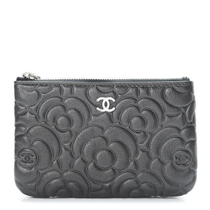 Chanel Goatskin Camellia Embossed Cosmetic Pouch Anthracite 1 of 8