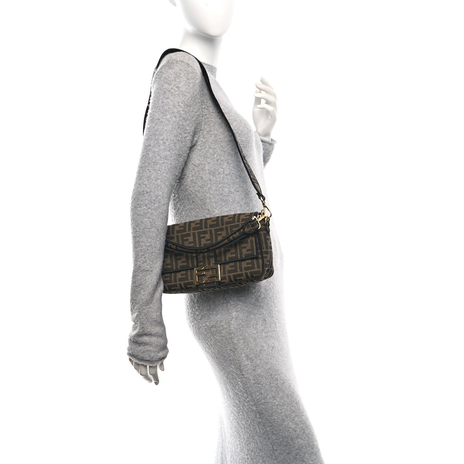 Fendi Fabric Jacquard FF 1974 Medium Baguette Tobacco Moro Black 2 of 9