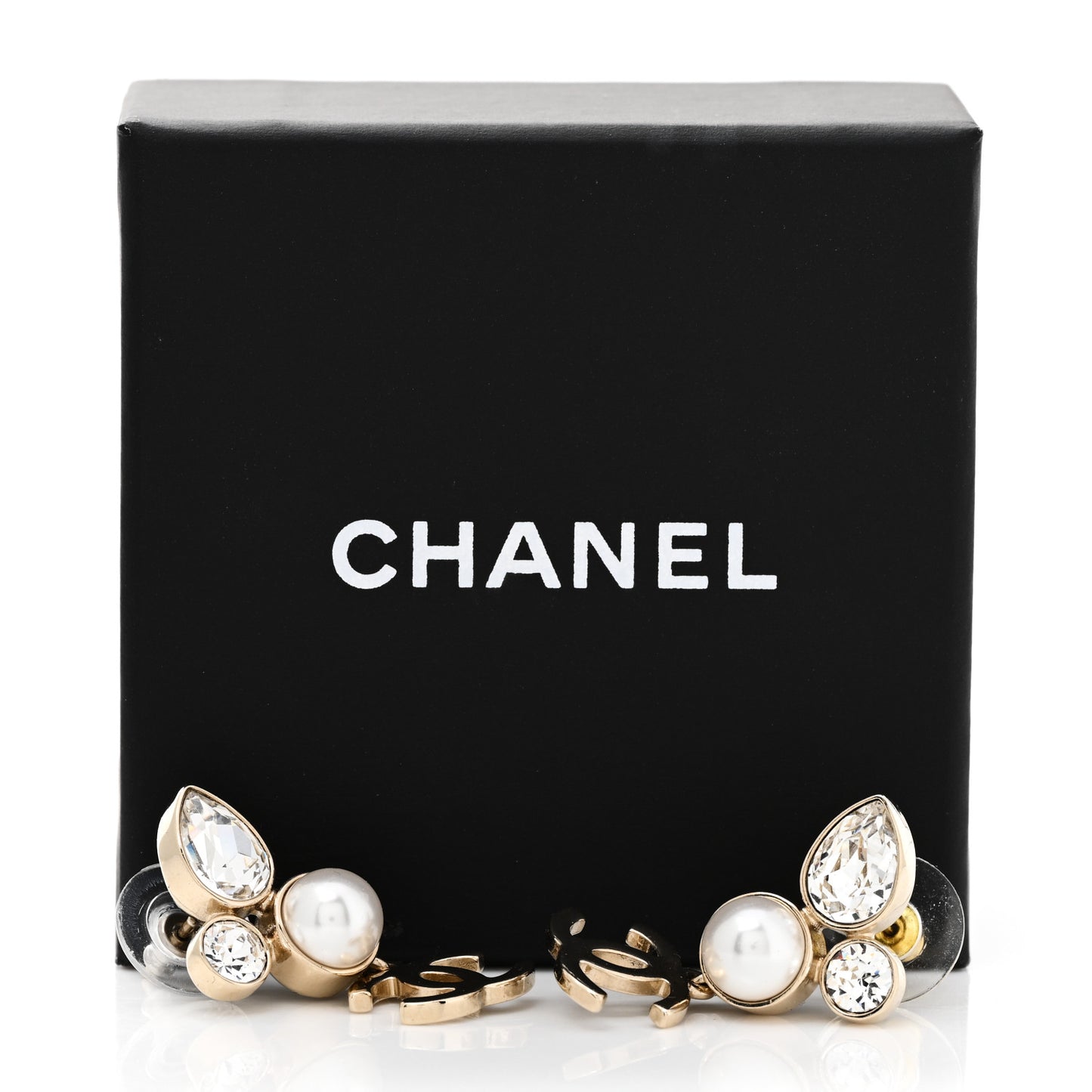 Pearl Crystal CC Drop Earrings Gold