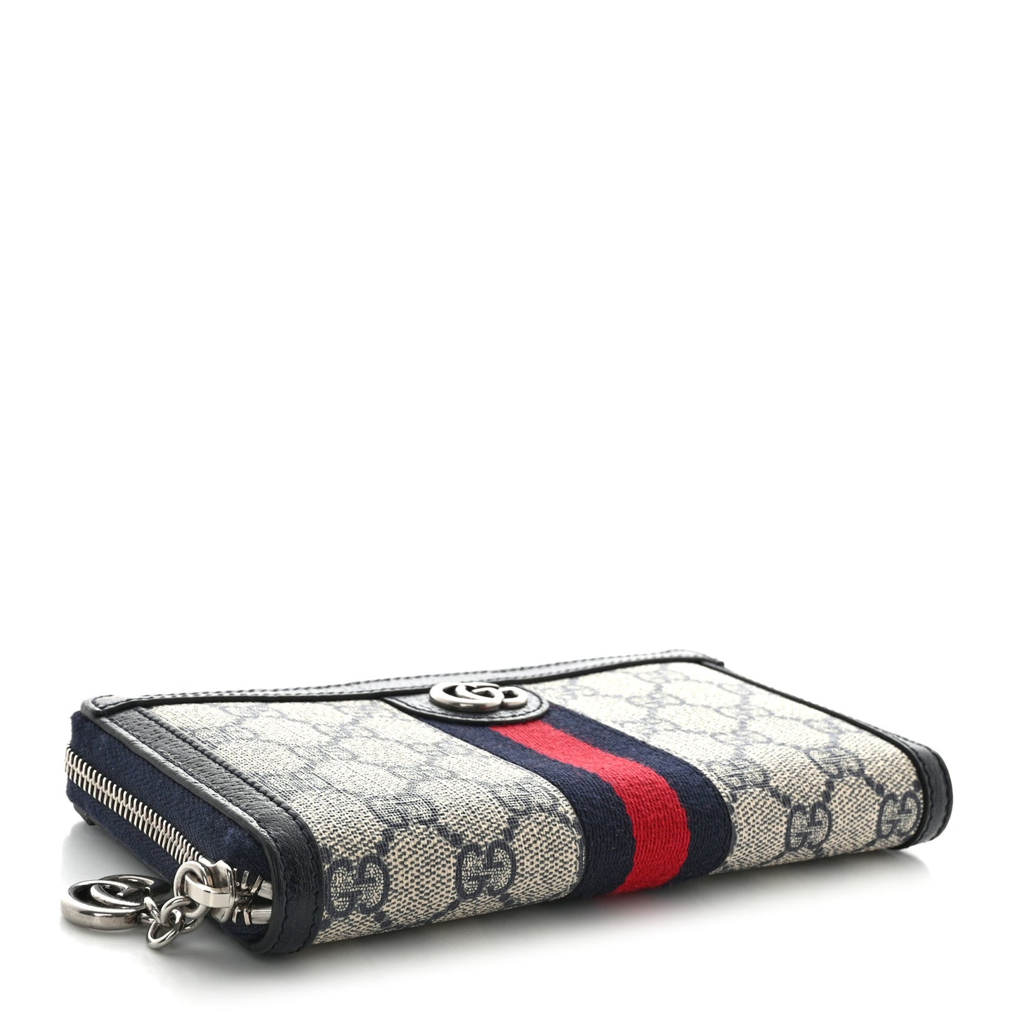 GG Supreme Monogram Textured Dollar Calfskin Web Ophidia Zip Around Wallet Beige Blue