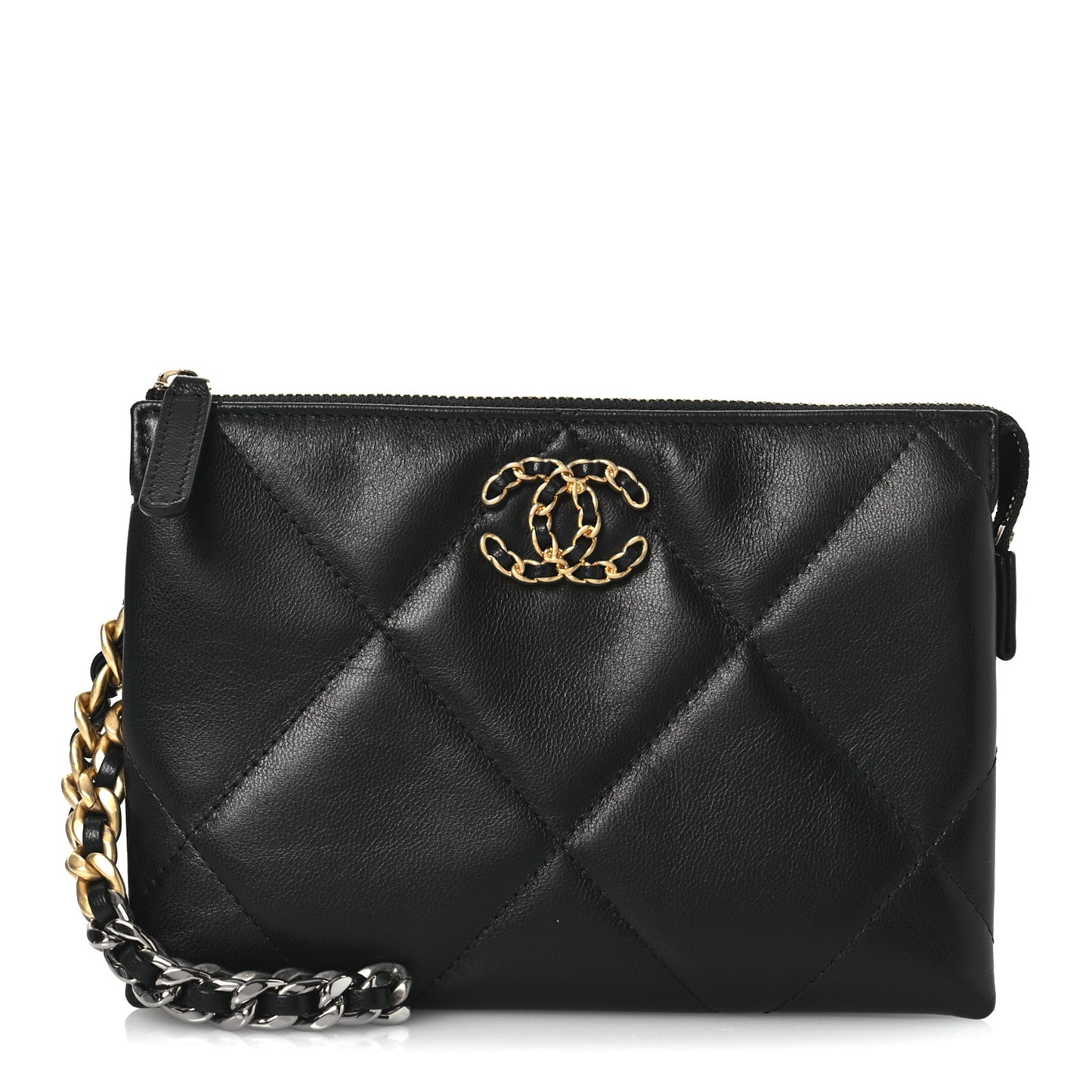 Shiny Goatskin Quilted Small Chanel 19 Pouch With Handle Black