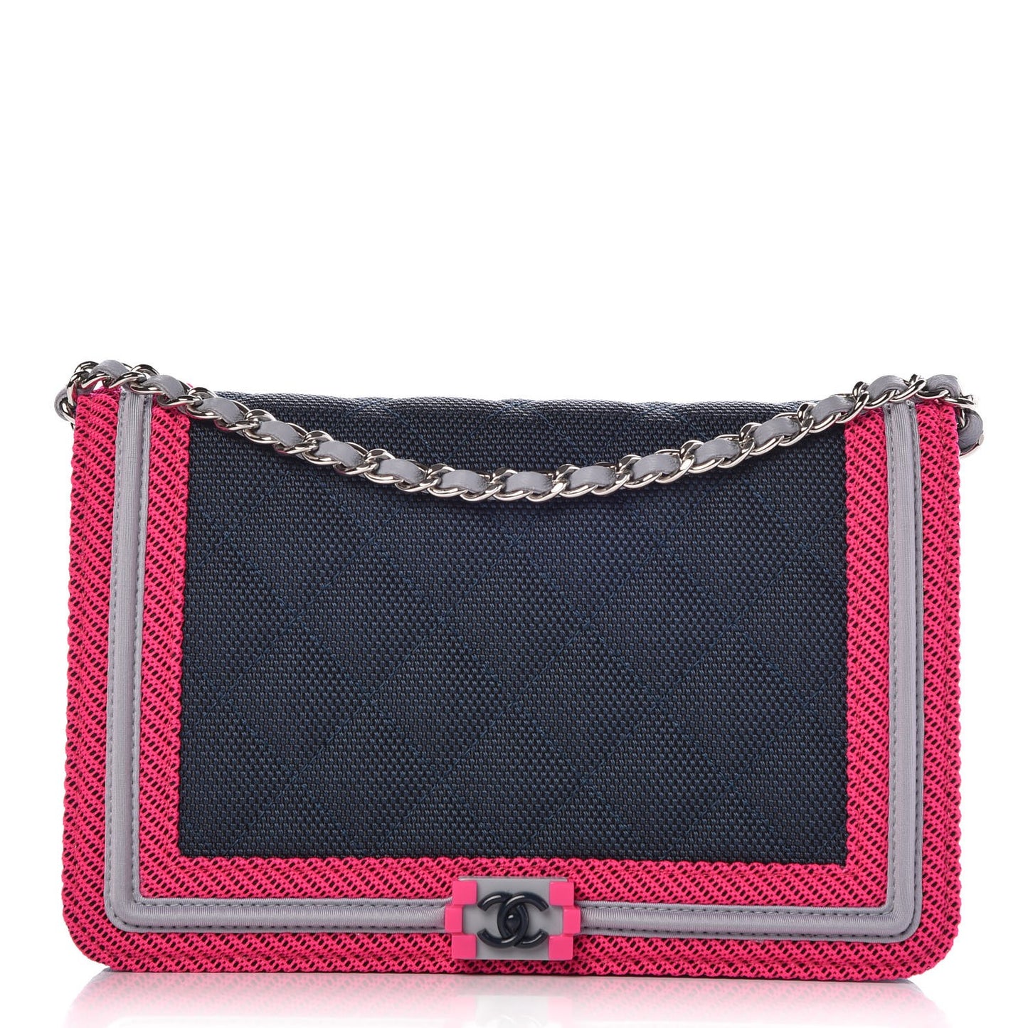 Canvas Quilted Fluo Boy Wallet On Chain WOC Dark Navy Fuchsia Grey