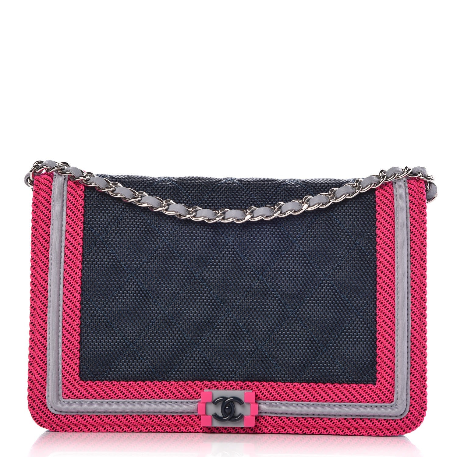 Chanel Canvas Quilted Fluo Boy Wallet On Chain WOC Dark Navy Fuchsia Grey 1 of 9