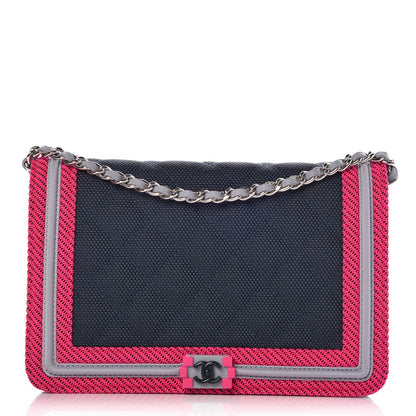 Chanel Canvas Quilted Fluo Boy Wallet On Chain WOC Dark Navy Fuchsia Grey 1 of 9