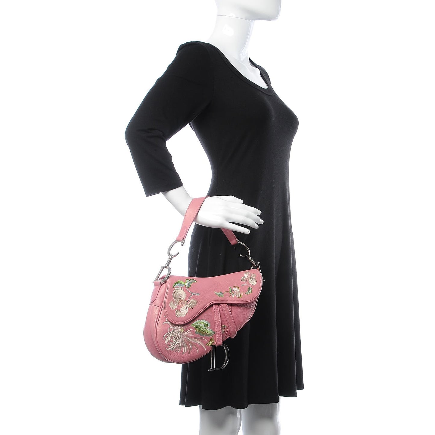 Calfskin Embroidered Romantic Flowers Saddle Bag Pink
