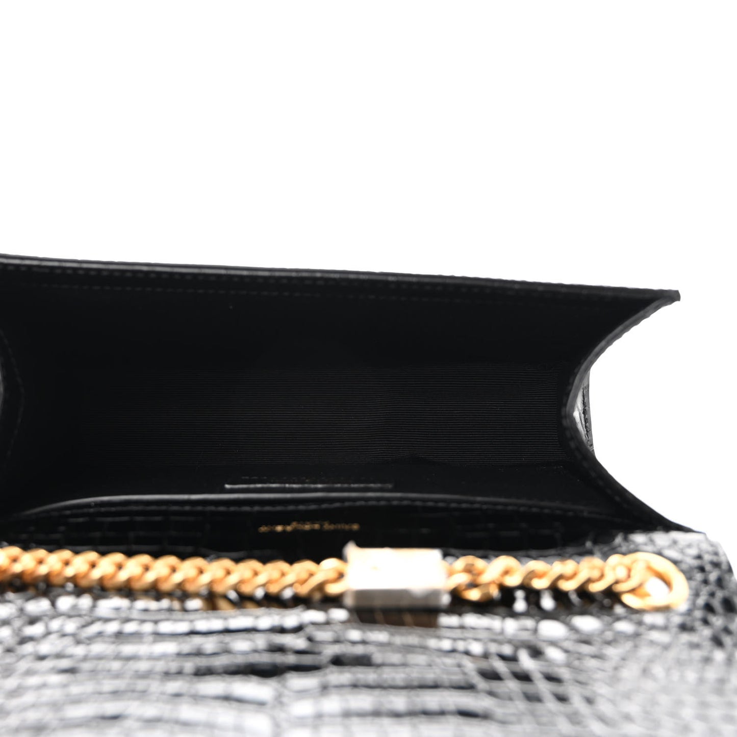Calfskin Crocodile Embossed Small Classic Monogram Kate Tassel Satchel Black