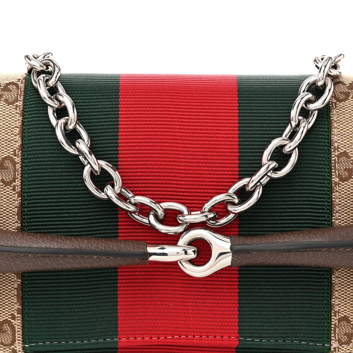 Gucci Monogram Textured Dollar Calfskin Heavy Grosgrain Web Medium Maxi Horsebit Chain Shoulder Bag Beige Ebony New Acero 7 of 10