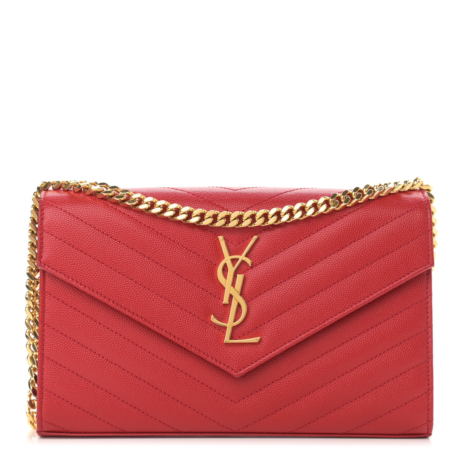 Saint Laurent Grain De Poudre Matelasse Chevron Monogram Chain Wallet Red 1 of 12
