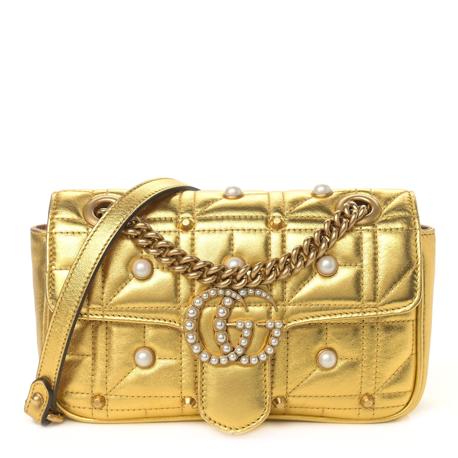 Gucci Metallic Calfskin Matelasse Studded Mini Pearly GG Marmont Shoulder Bag Gold 1 of 10