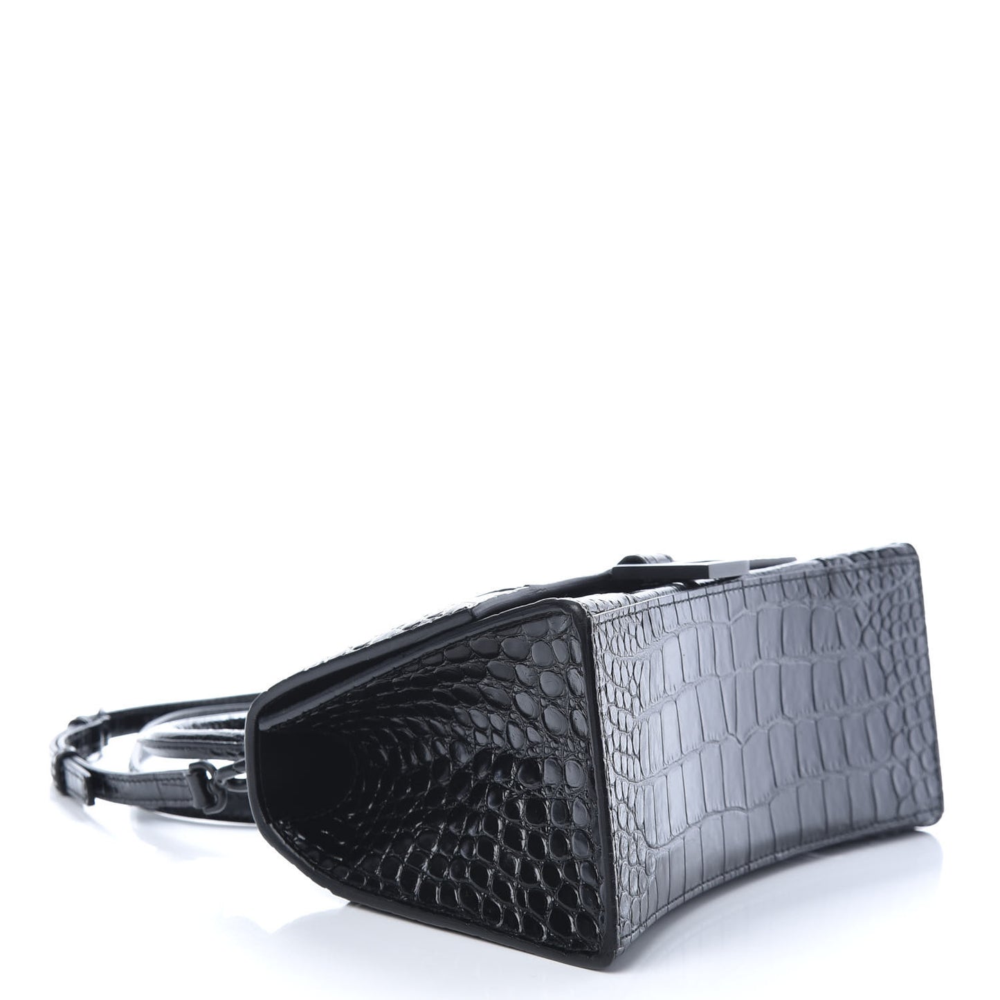 Shiny Calfskin Monochrome Crocodile Embossed Small Hourglass Top Handle Bag Black