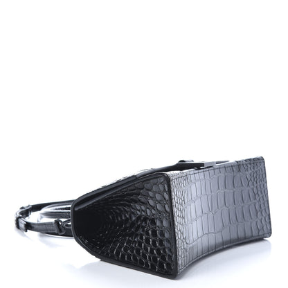 Balenciaga Shiny Calfskin Monochrome Crocodile Embossed Small Hourglass Top Handle Bag Black 4 of 9