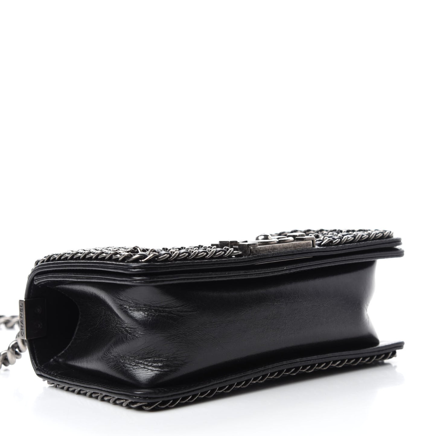 Glazed Calfskin Quilted Small Boy Chained Flap Black
