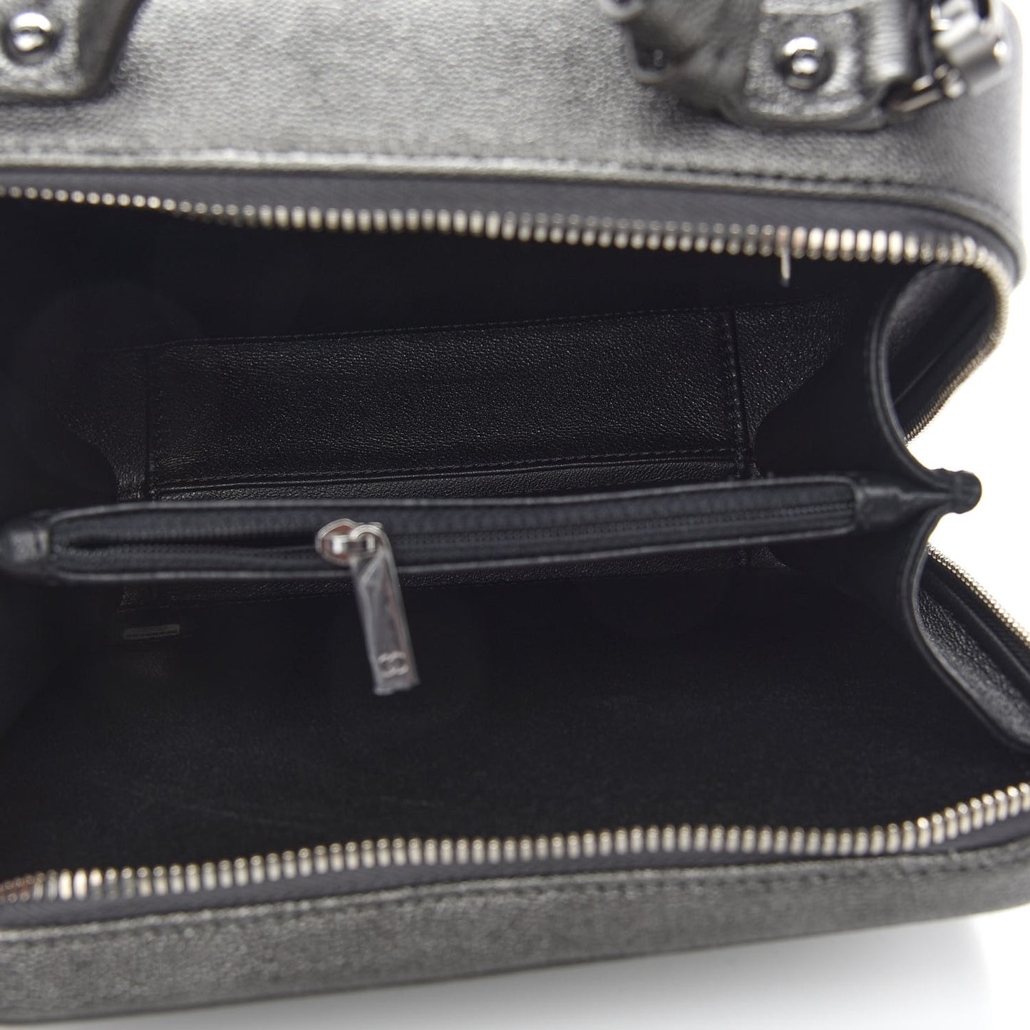 Metallic Caviar Quilted Medium CC Filigree Vanity Case Dark Silver