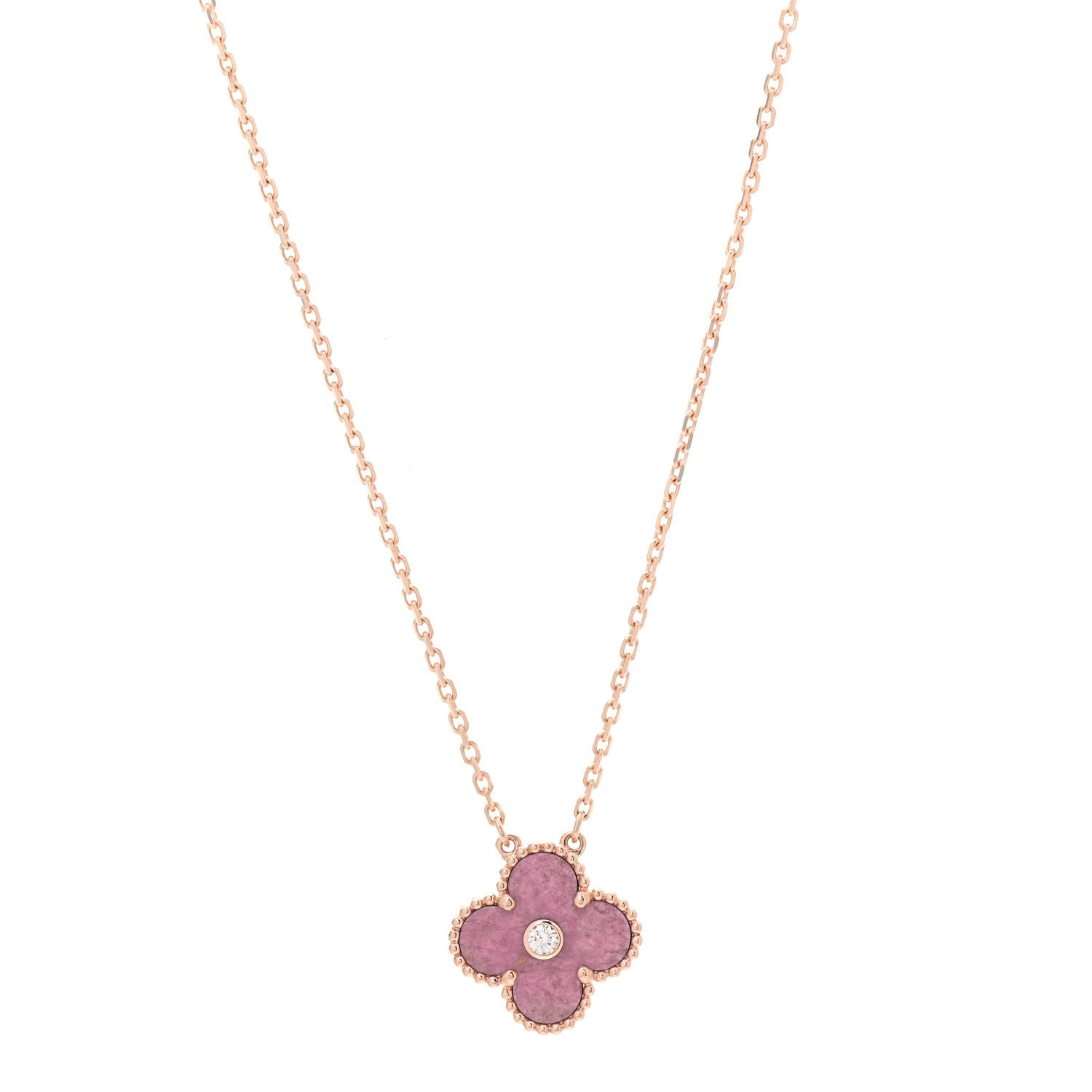 Van Cleef & Arpels 18K Rose Gold Diamond Rhodonite Vintage Alhambra Pendant Necklace 1 of 6