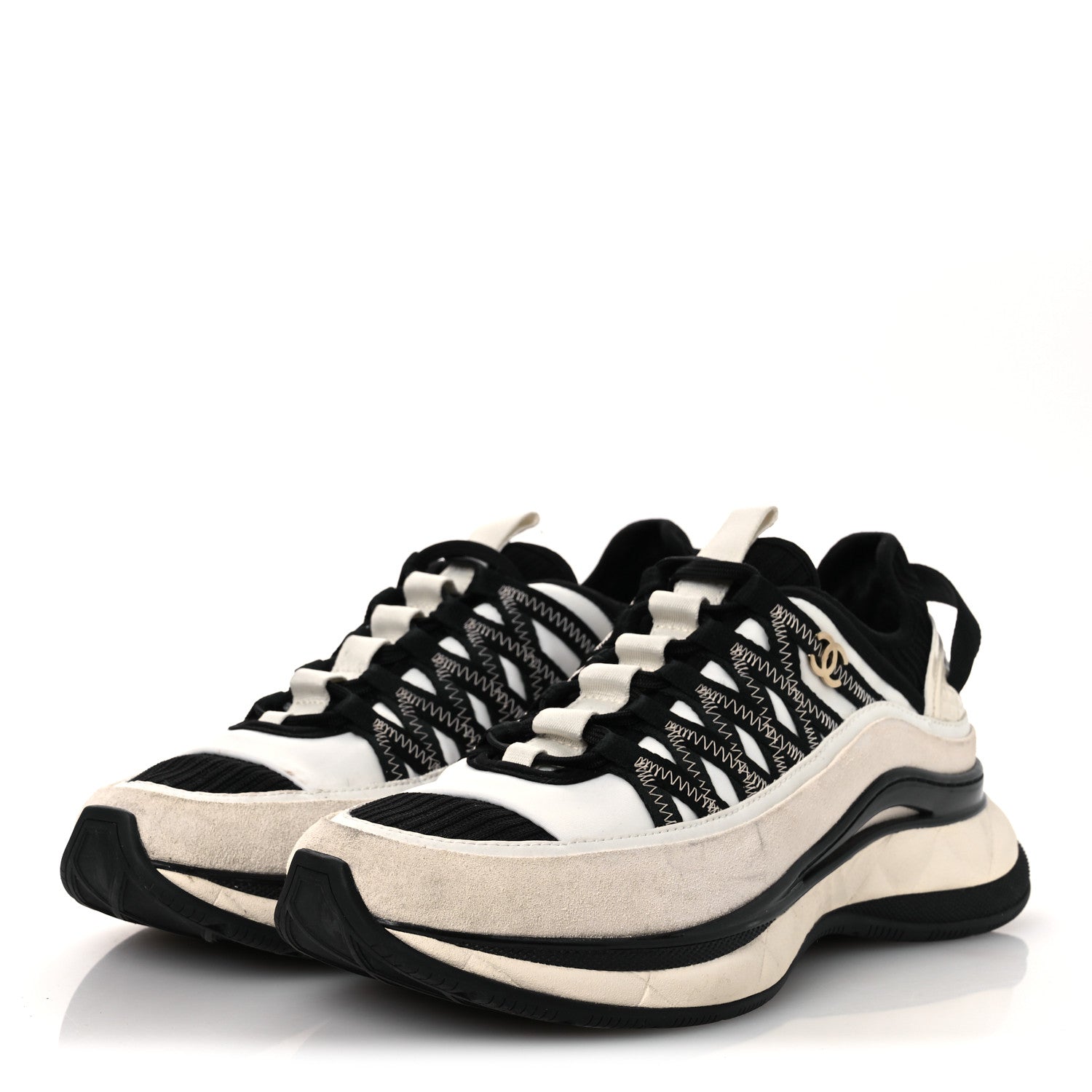 Chanel Fabric Suede Calfskin CC Sneakers 39.5 White Black 4 of 12