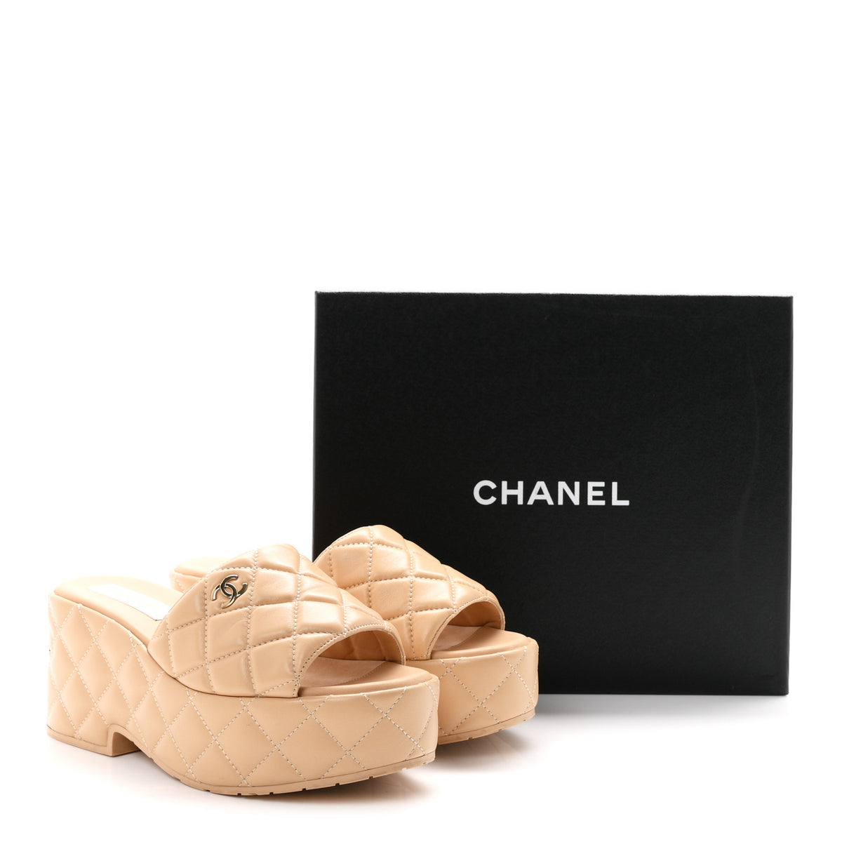 Lambskin Quilted CC Mules Wedge Sandals 39 Beige