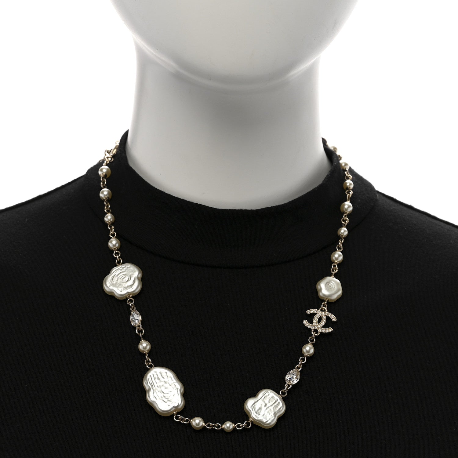 Chanel Pearl Crystal Camellia CC Necklace Gold 2 of 6