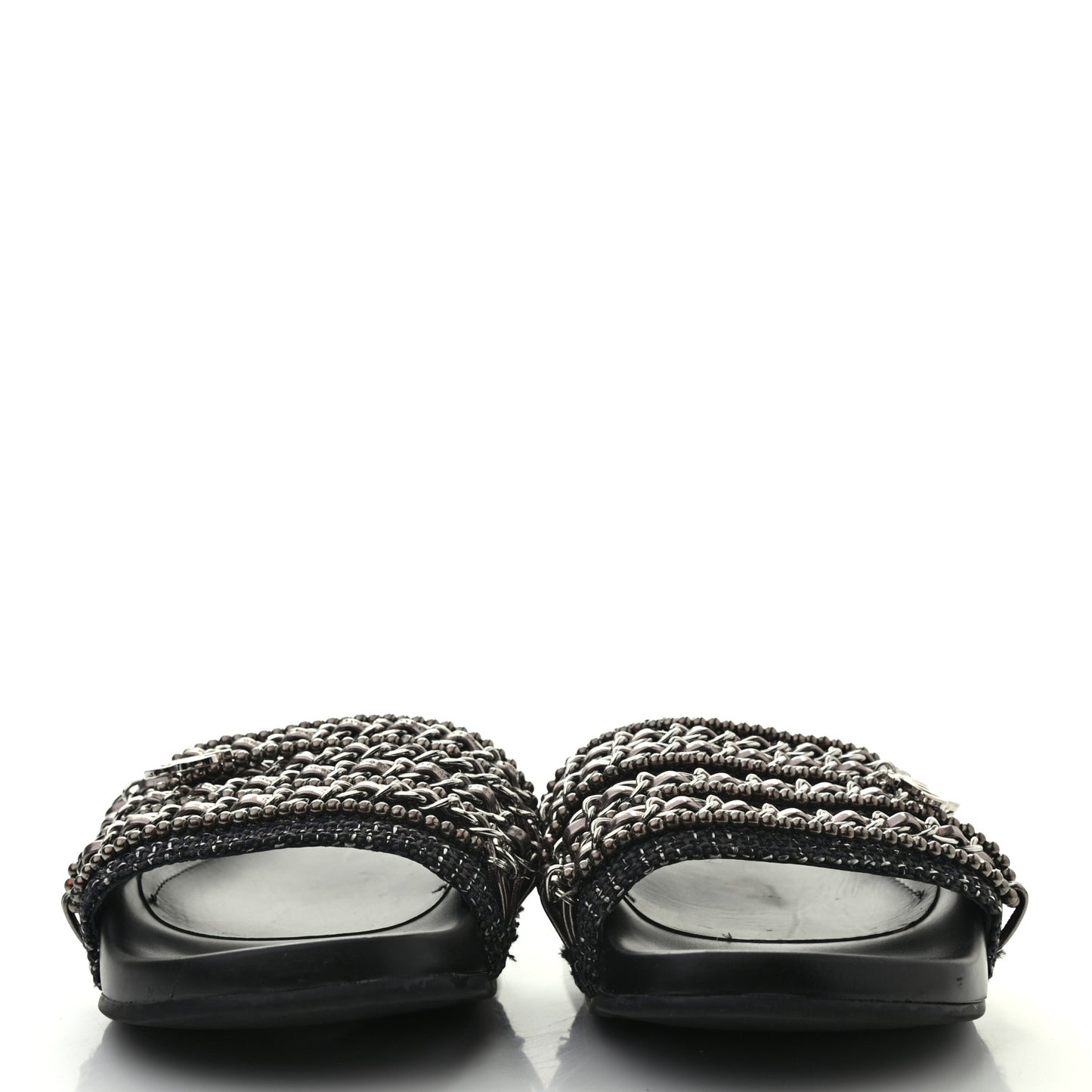 Tweed Lambskin Chain Flat Sandals 36 Silver