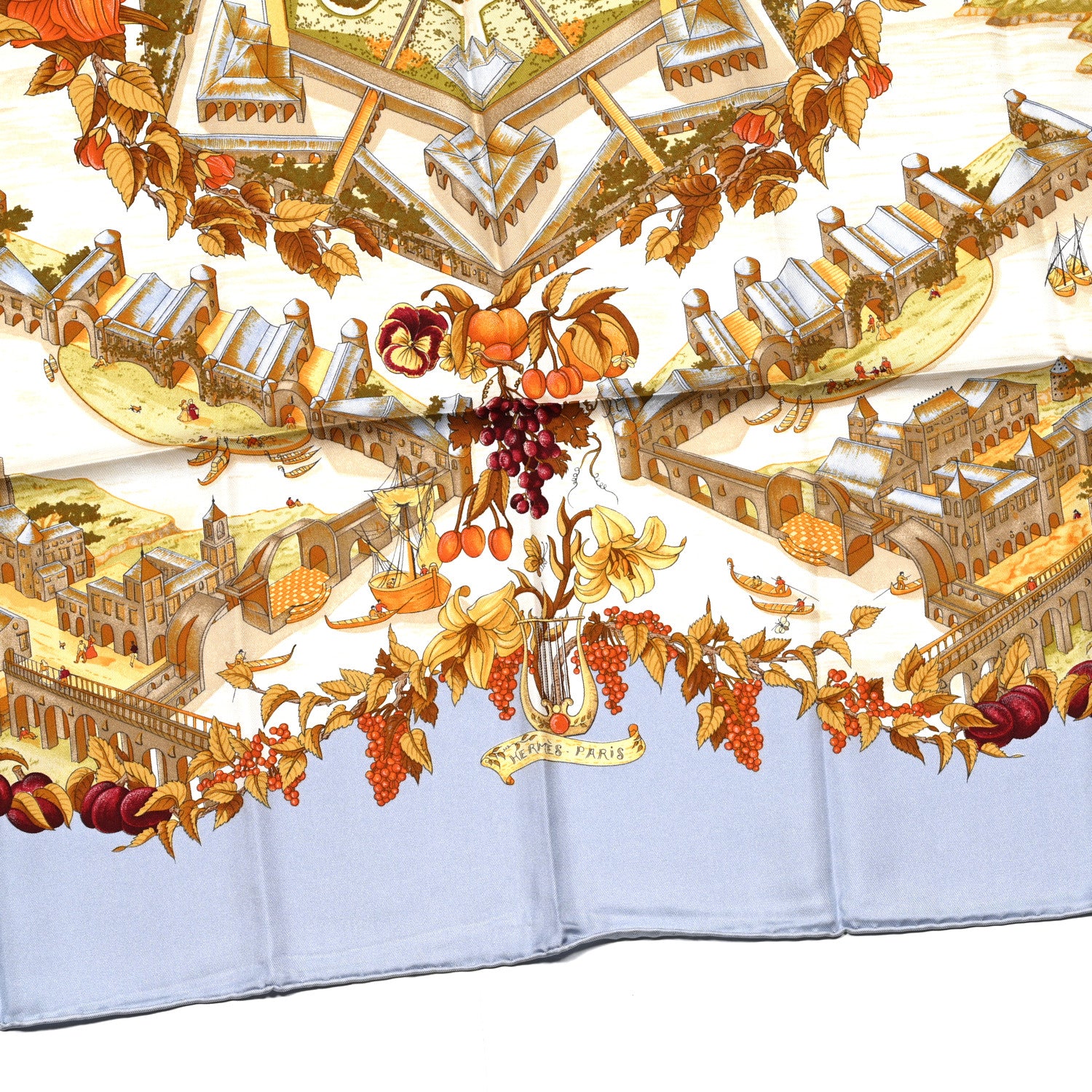 Hermes Silk Au Pays de Cocagne Scarf 90 Ciel White Ocre Orange 2 of 5