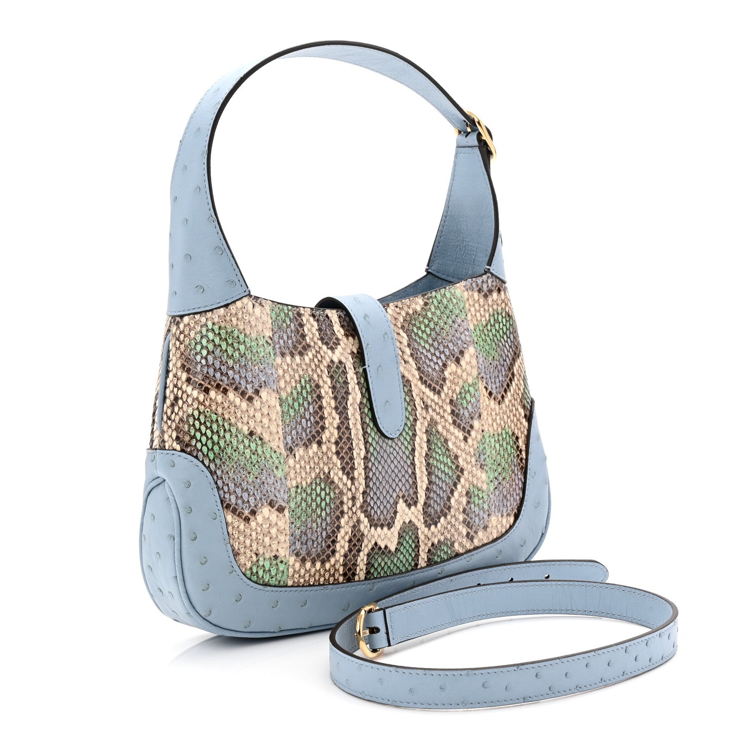 Gucci Snakeskin Ostrich Calfskin Small Jackie 1961 Hobo Blue Multicolor 3 of 10