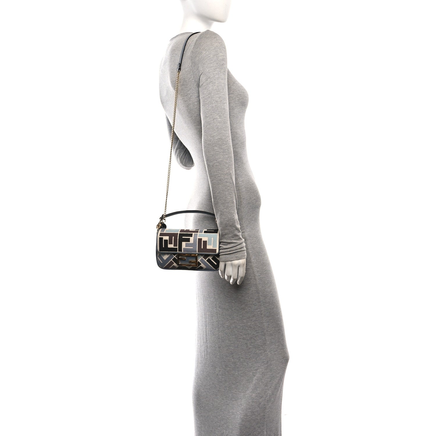 Fendi Canvas Vitello King Seta FF Embroidered Mini Baguette Anice Tortora 2 of 10