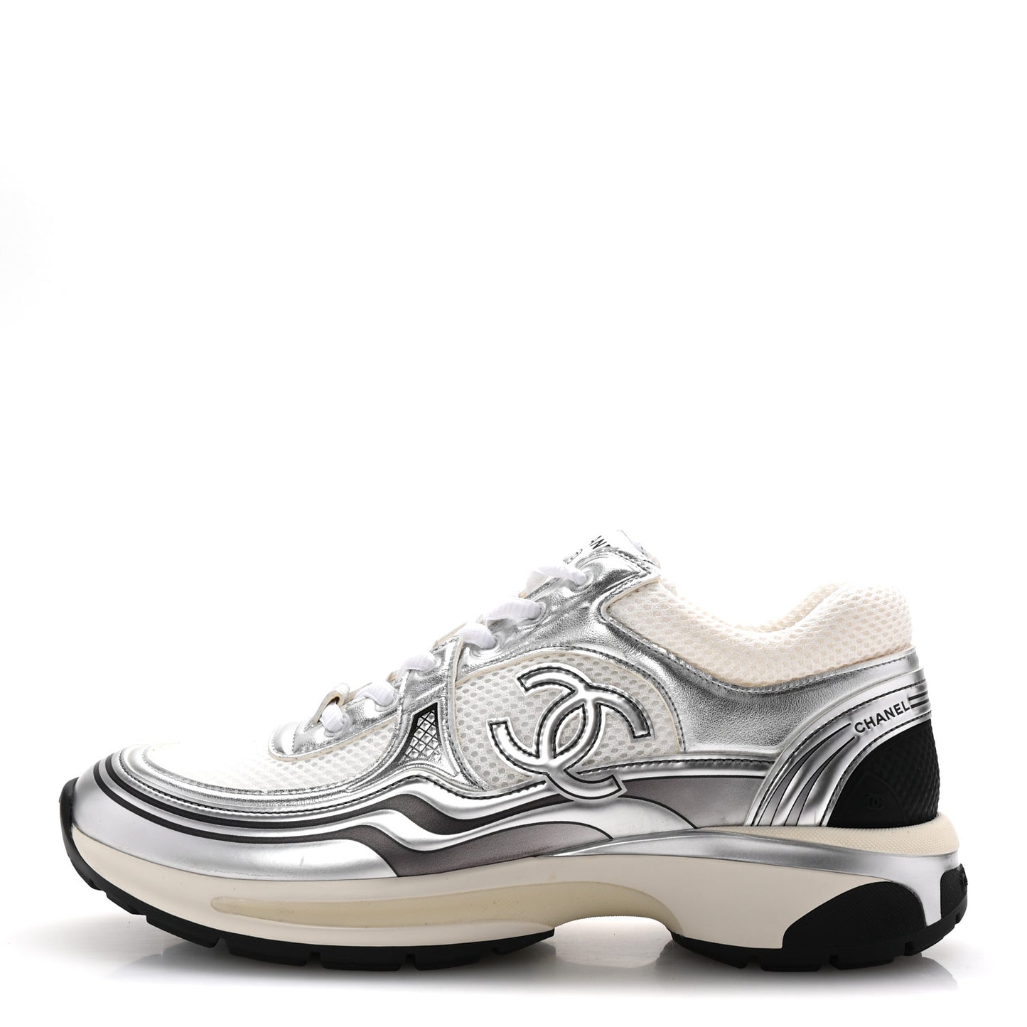 Fabric Laminated Calfskin Stretch CC Womens Sneakers 40 White Silver