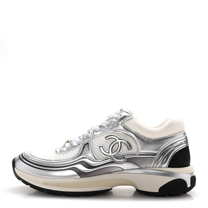 Chanel Fabric Laminated Calfskin Stretch CC Womens Sneakers 40 White Silver 1 of 10