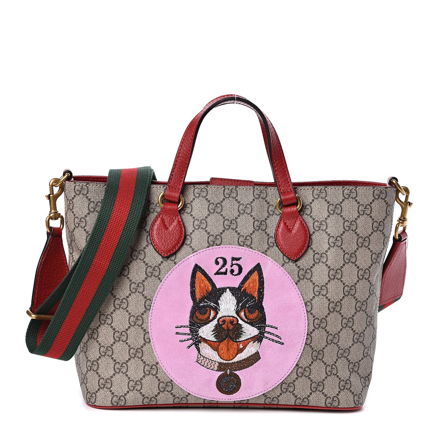 Soft GG Supreme Monogram Web Bosco Patch Small Crossbody Tote Beige Malva Hibiscus Red
