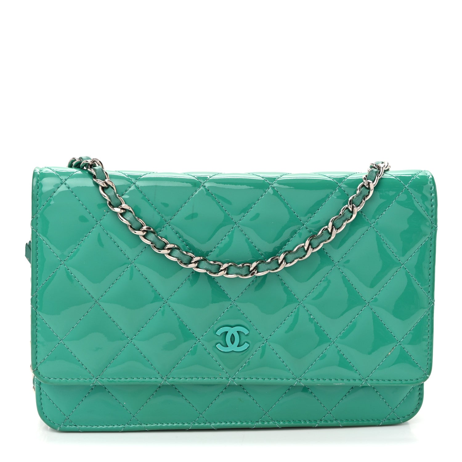 Chanel Patent Quilted Wallet On Chain WOC Green 1 of 11