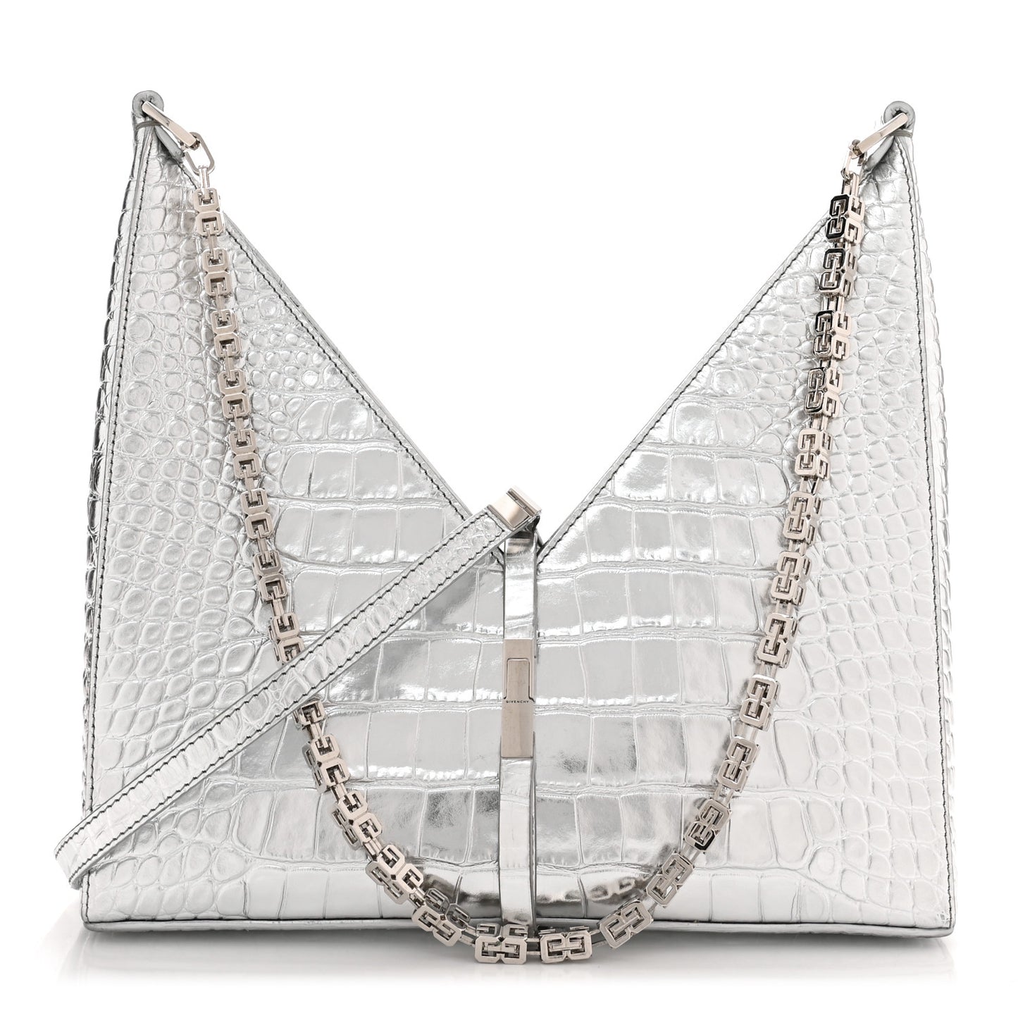 Metallic Calfskin Croc Embossed Small Cut Out Shoulder Bag Silver