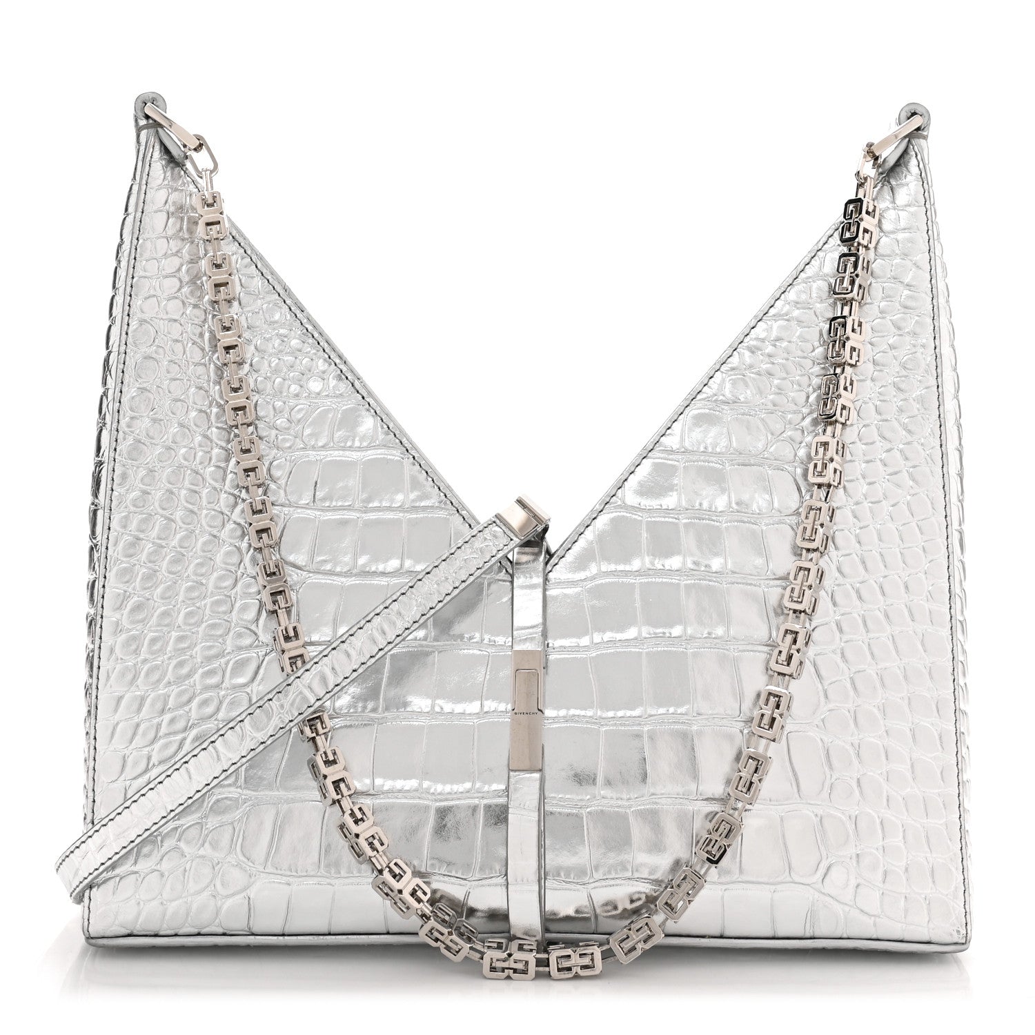 Givenchy Metallic Calfskin Croc Embossed Small Cut Out Shoulder Bag Silver 1 of 10