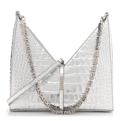 Givenchy Metallic Calfskin Croc Embossed Small Cut Out Shoulder Bag Silver 1 of 10