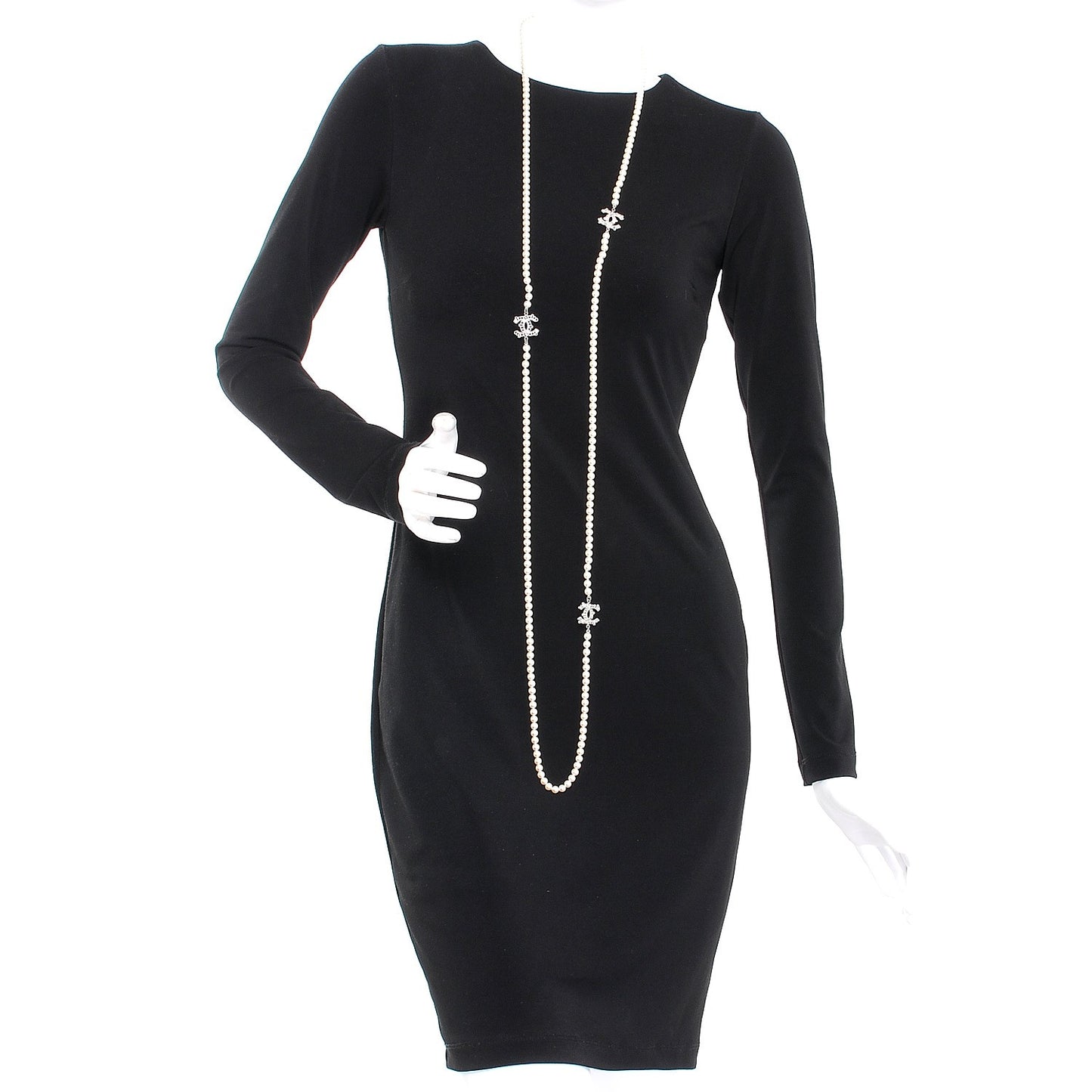 Pearl Baguette Crystal CC Long Necklace Silver Black