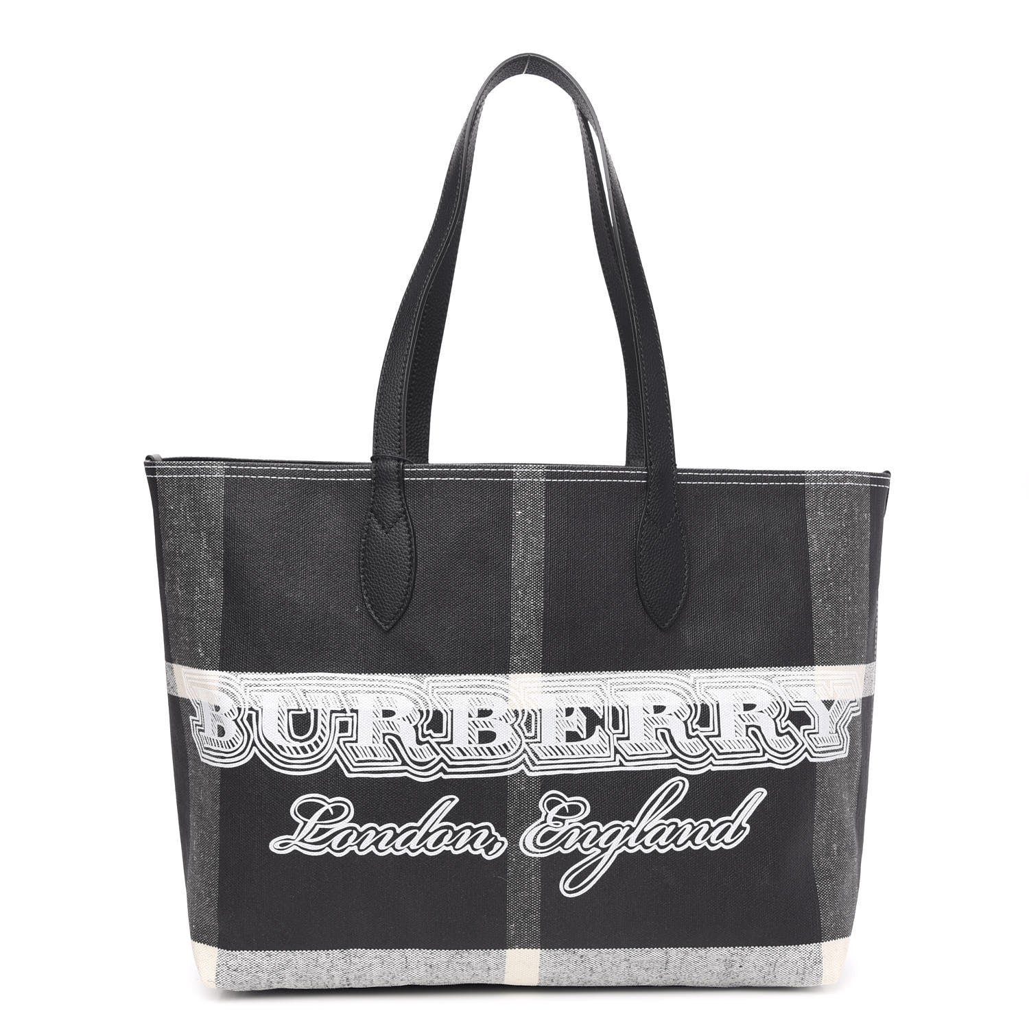 Burberry Coated Canvas Mega Check Medium Doodle Tote Black White 2 of 9