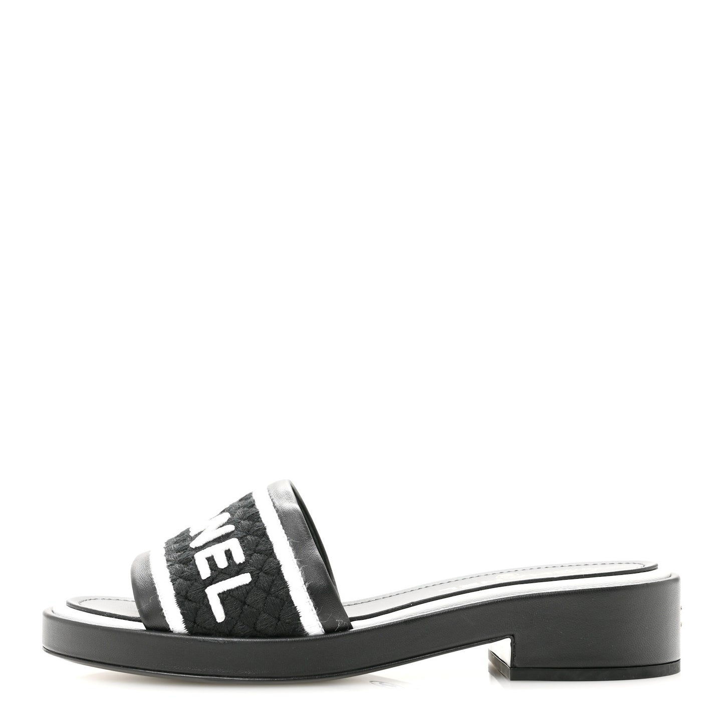Lambskin Embroidered CC Mule Sandal 38.5 Black White