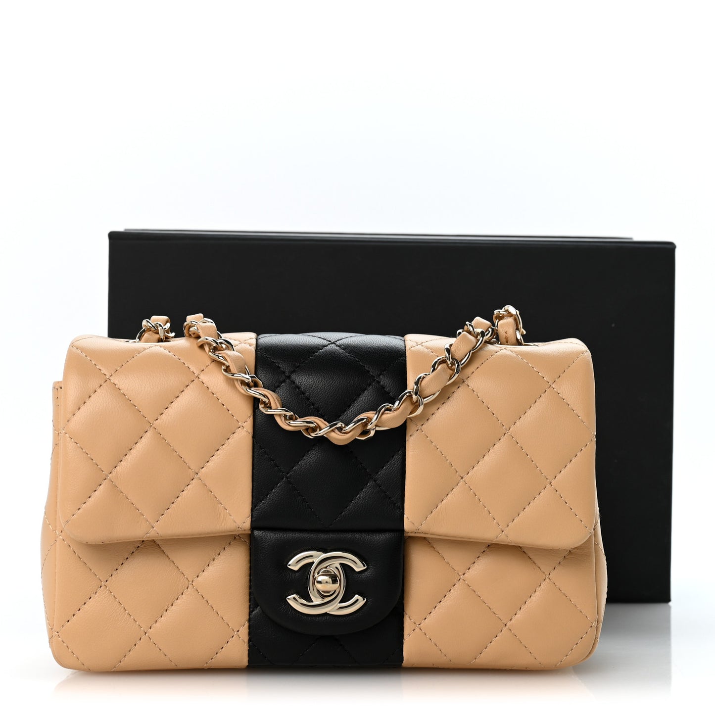 Lambskin Quilted Mini Rectangular Flap Beige Black