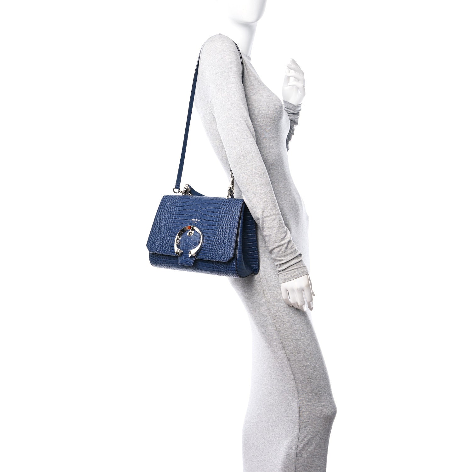 Jimmy Choo Calfskin Crocodile Embossed Madeline Top Handle Denim 2 of 10