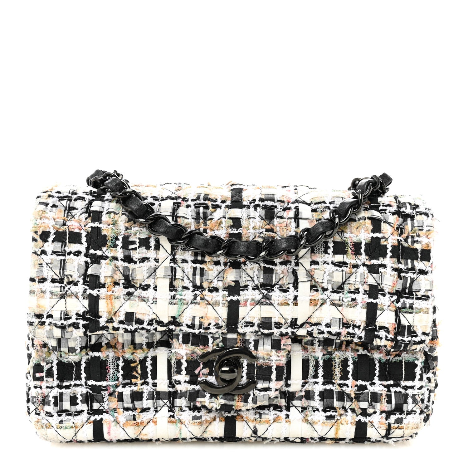 Chanel Tweed Quilted Mini Rectangular Flap White Black Multicolor 1 of 11