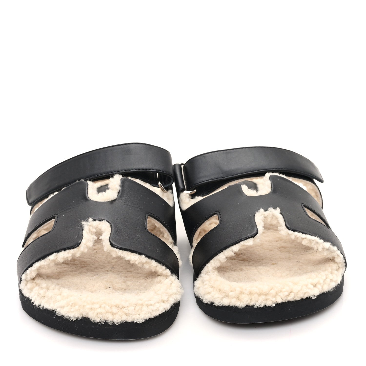 Hermes Calfskin Woolskin Chypre Sandals 40.5 Black Ecru 3 of 9
