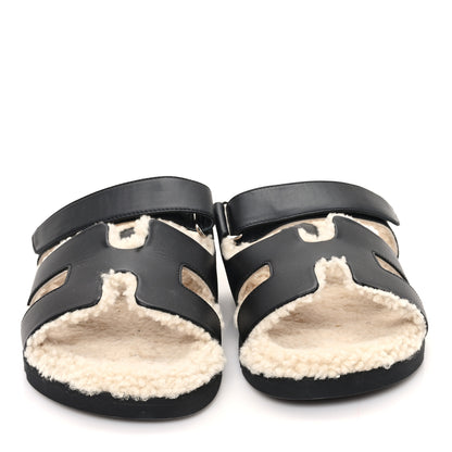 Hermes Calfskin Woolskin Chypre Sandals 40.5 Black Ecru 3 of 9