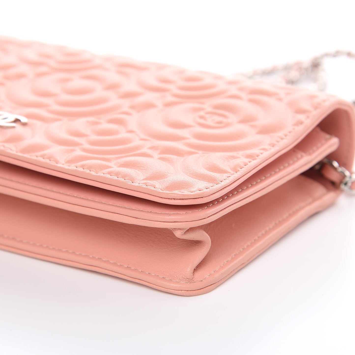 Goatskin Camellia Embossed Wallet On Chain WOC Light Pink
