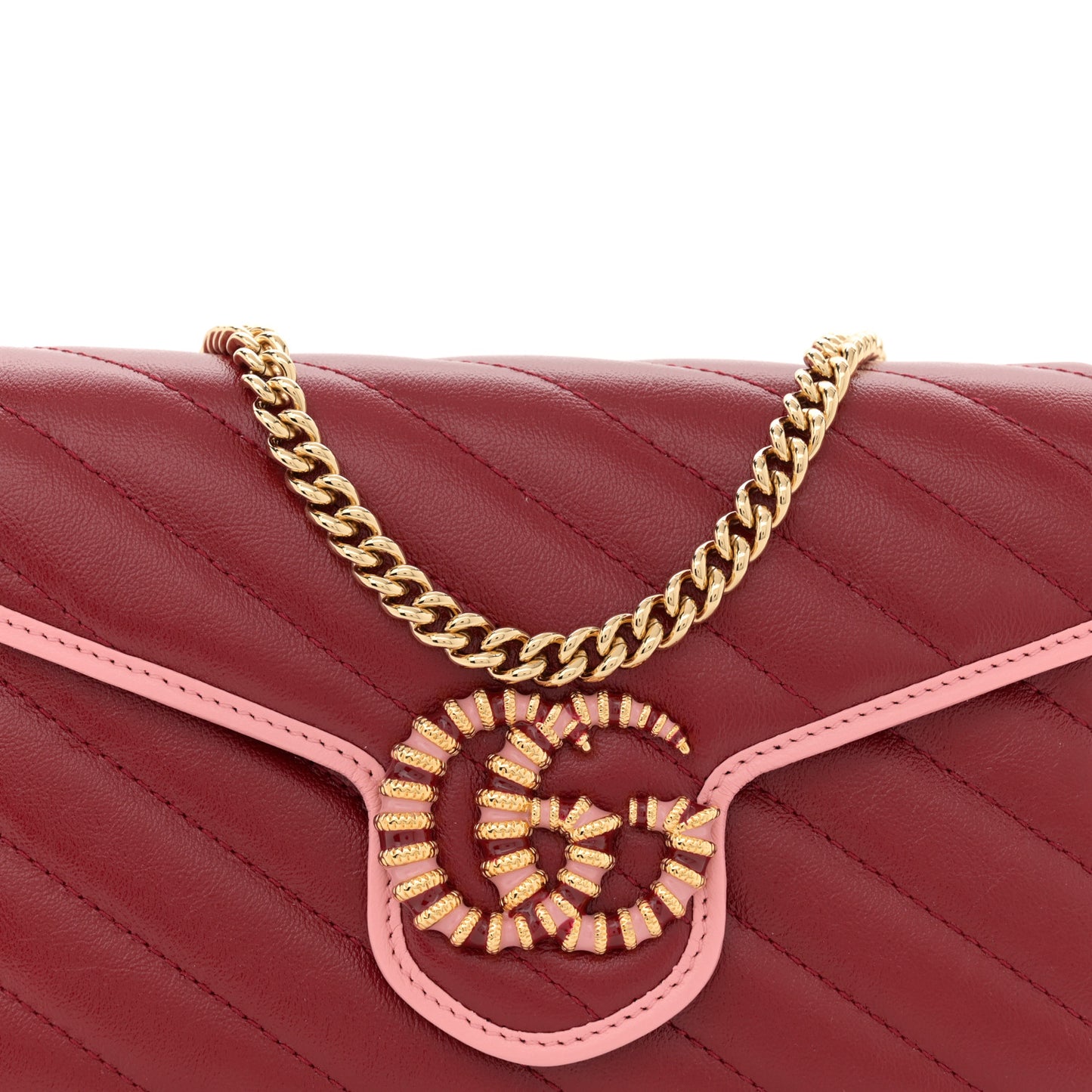 Azalea Calfskin Enamel Matelasse Diagonal Torchon GG Marmont Chain Wallet New Cherry Red Wild Rose
