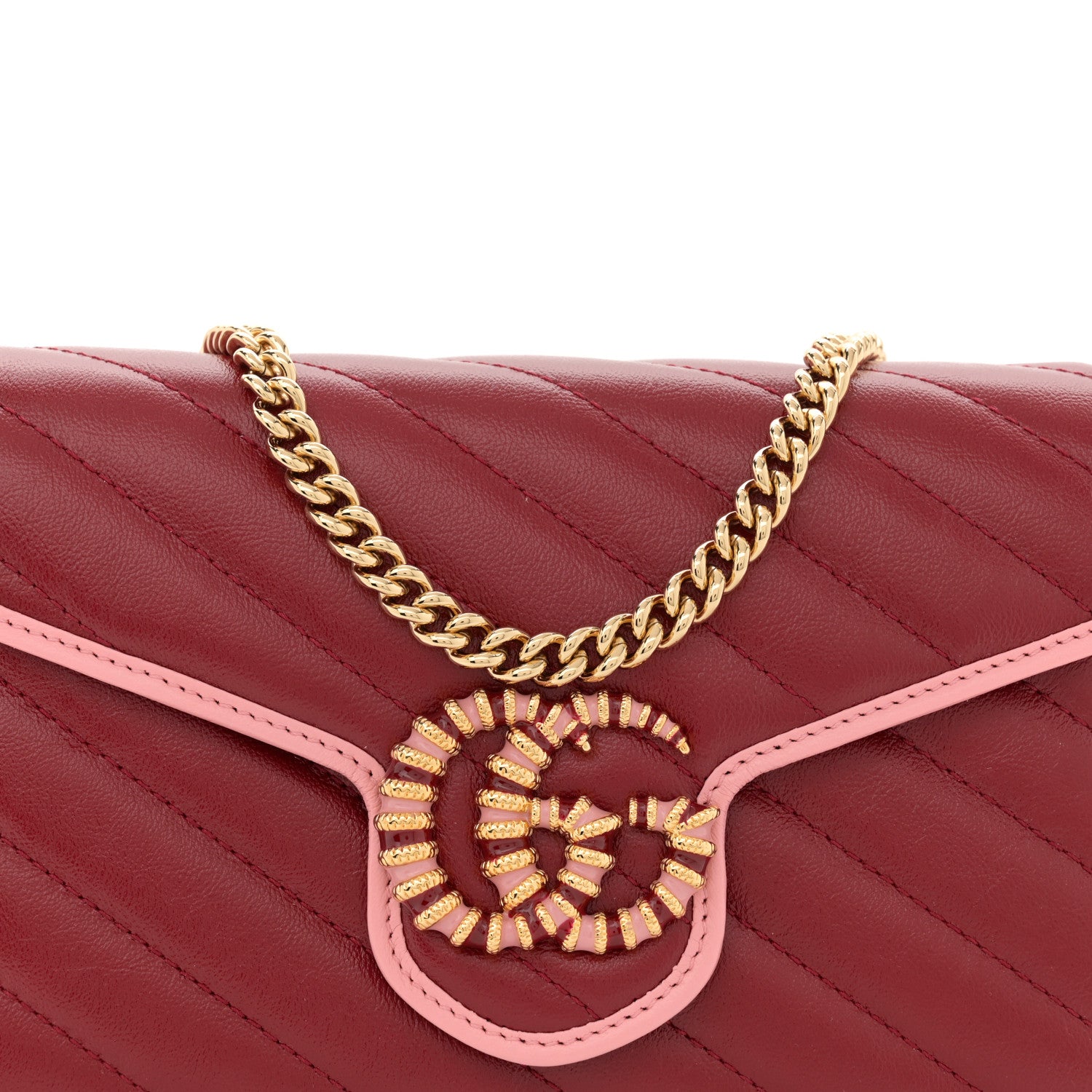 Gucci Azalea Calfskin Enamel Matelasse Diagonal Torchon GG Marmont Chain Wallet New Cherry Red Wild Rose 8 of 11
