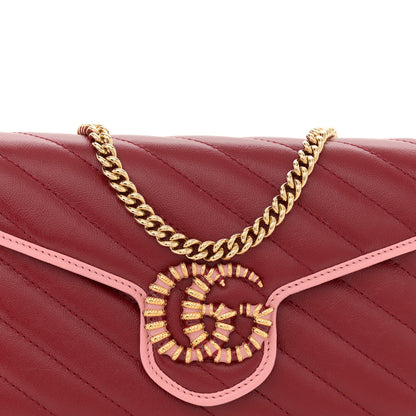 Gucci Azalea Calfskin Enamel Matelasse Diagonal Torchon GG Marmont Chain Wallet New Cherry Red Wild Rose 8 of 11