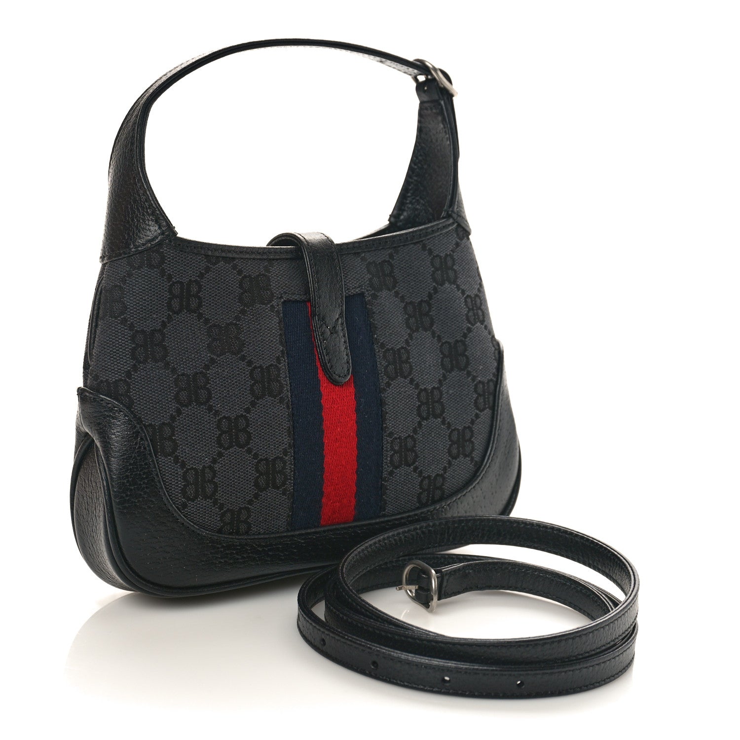 Gucci X BALENCIAGA BB Monogram Calfskin Web Mini Jackie 1961 Hobo Black 2 of 8