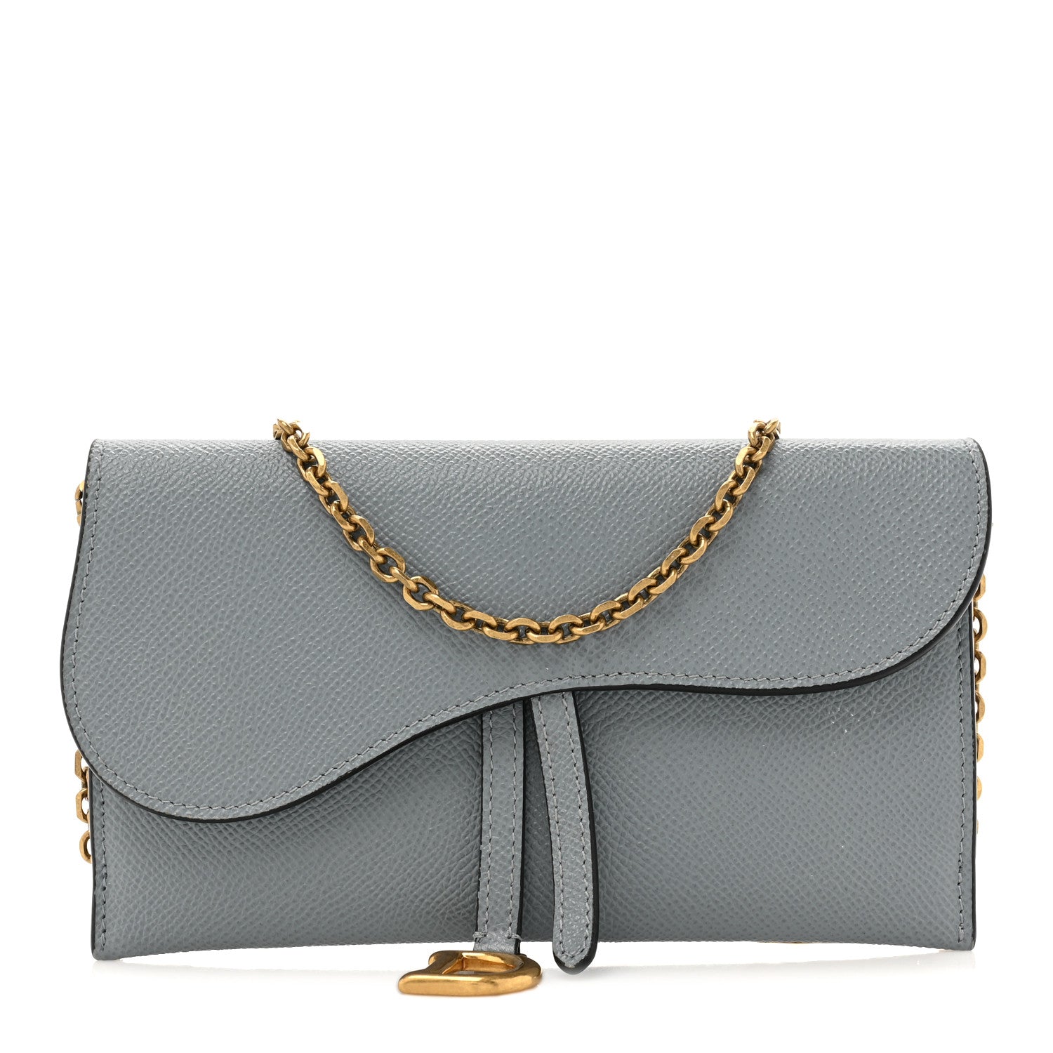 Christian Dior Grained Calfskin Saddle Chain Wallet Pouch Grey Stone 1 of 17