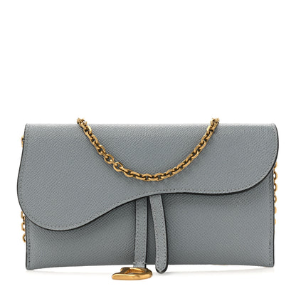 Christian Dior Grained Calfskin Saddle Chain Wallet Pouch Grey Stone 1 of 17