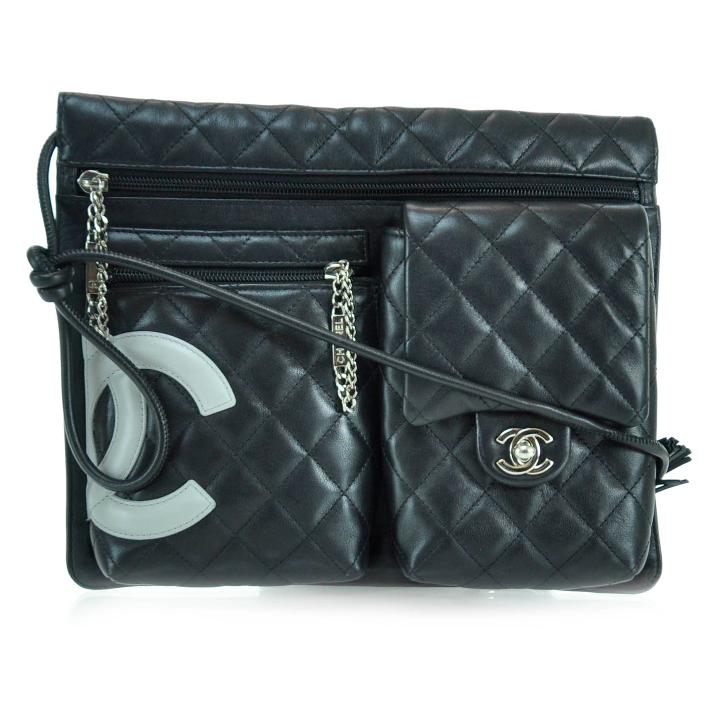 Calfskin Quilted Cambon Multipocket Shoulder Bag Black