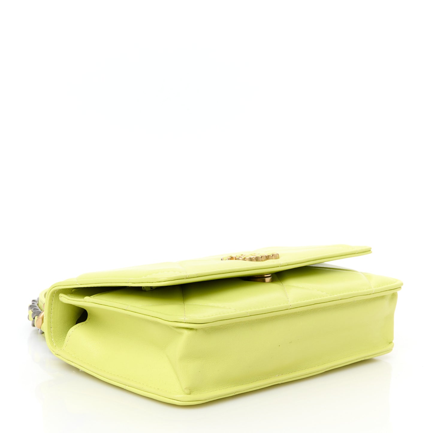 Shiny Lambskin Quilted Chanel 19 Wallet On Chain WOC Neon Yellow