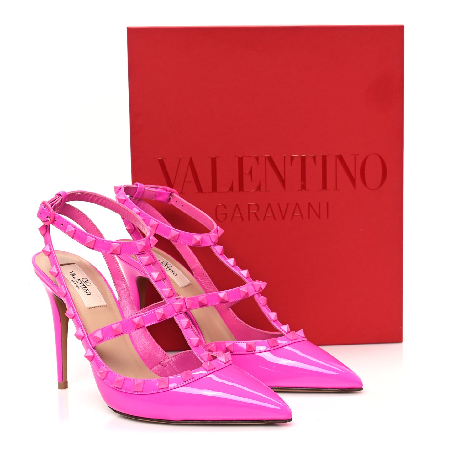 Patent Lacquer Monochrome Rockstud Ankle Strap 100mm Pumps 39.5 Pink PP